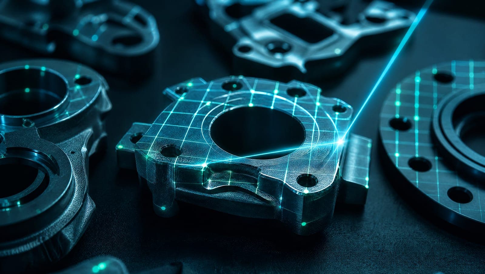 Precision mechanical parts scanned by quality-control laser lines