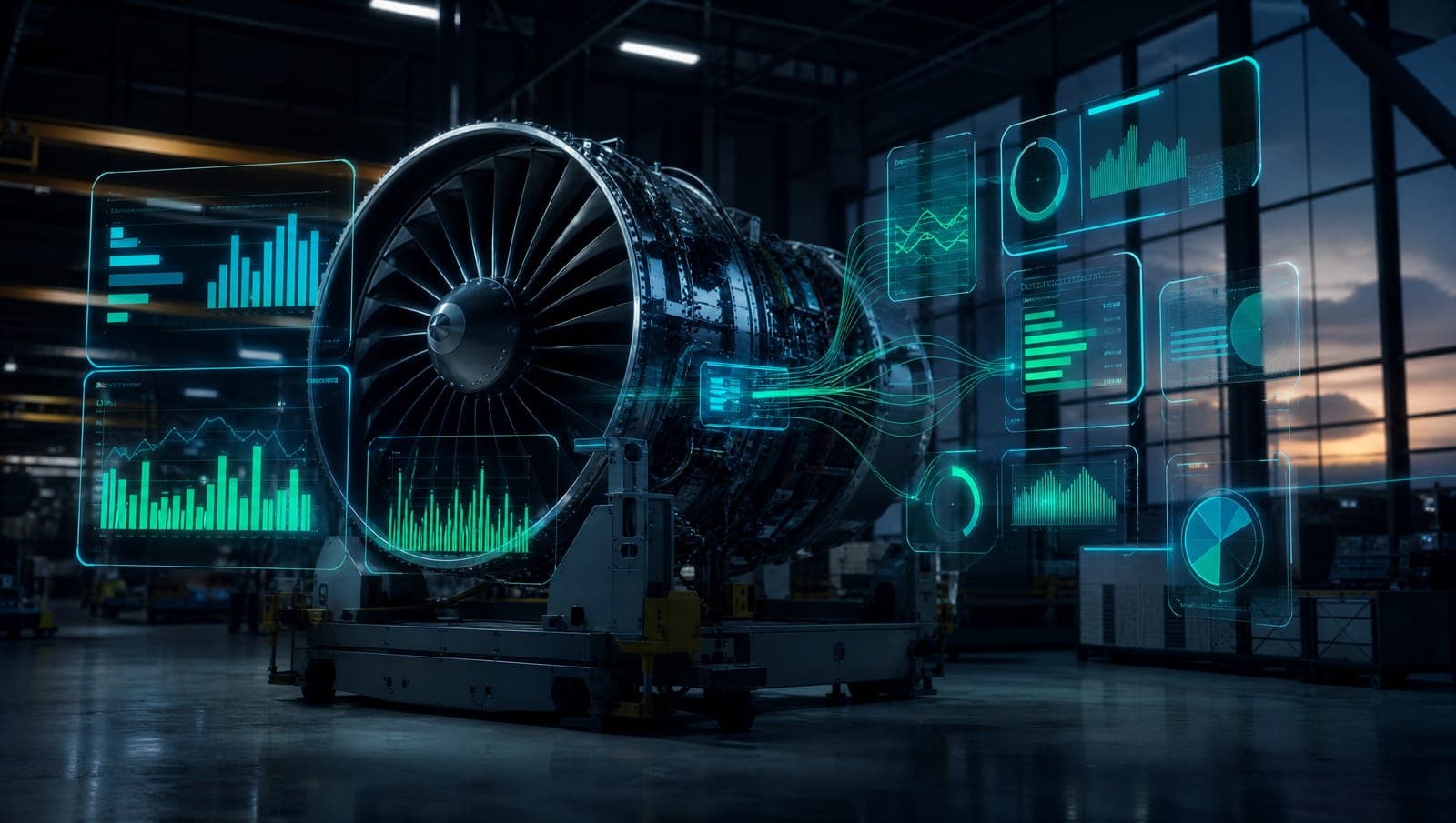 Aircraft engine in a hangar surrounded by holographic data dashboards