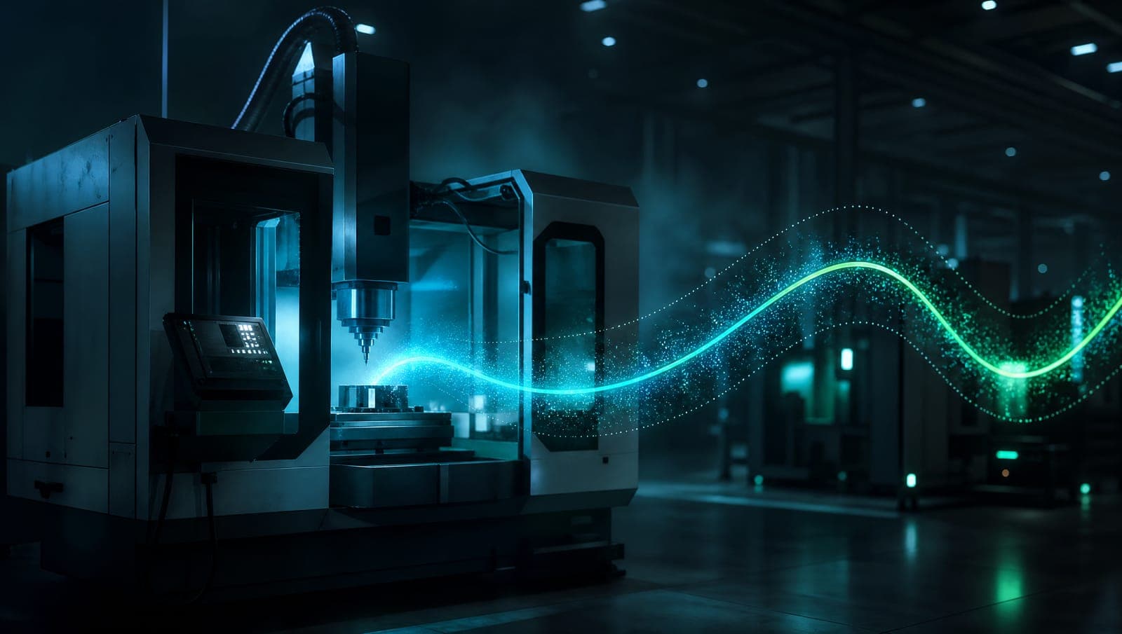 Industrial machining centre with a glowing forecast curve rising from it